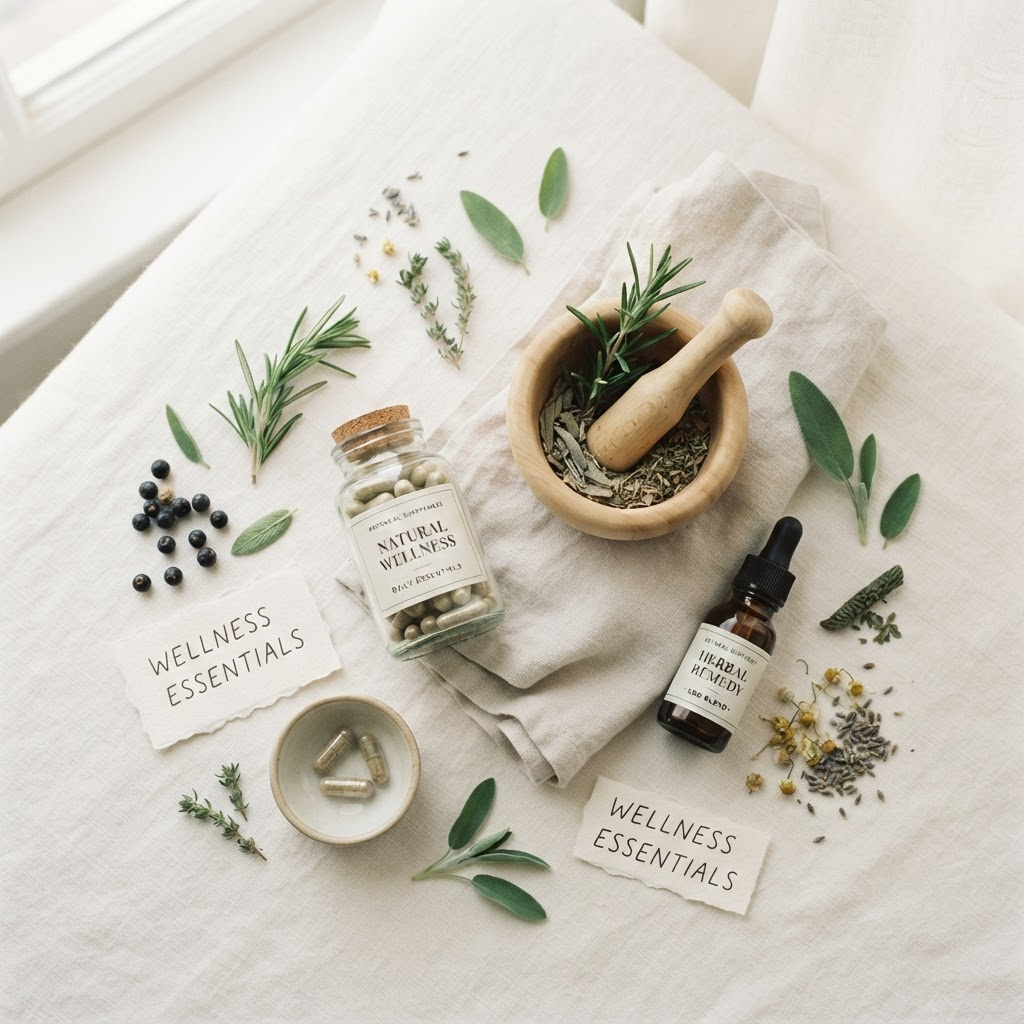 Natural health and wellness products including herbs, supplements, and botanical ingredients